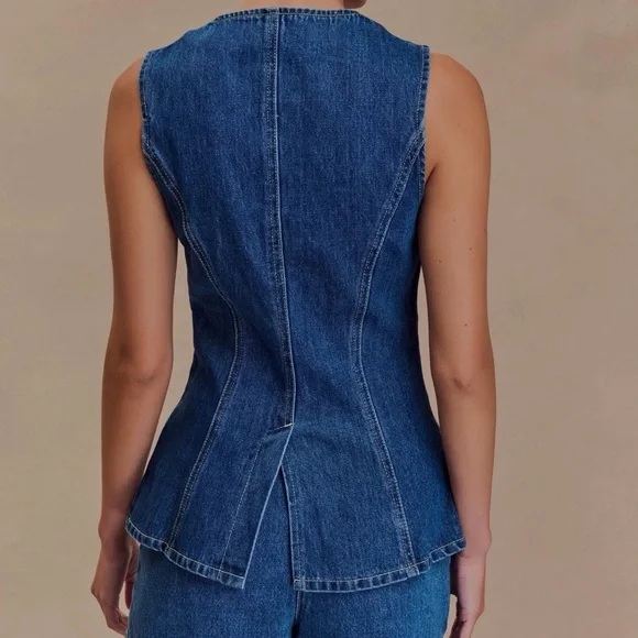 Meshki Abel Denim Dark Blue Button Up Sleeveless Top Sz. M - Picture 2 of 8